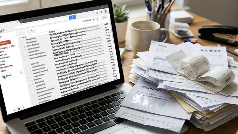 Überfülltes E-Mail-Postfach mit Rechnungen und gestapelten Papierbelegen